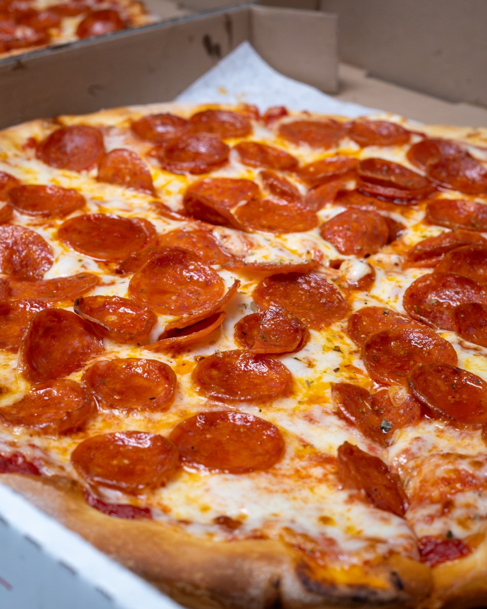 Pepperoni pizza in a pizza box